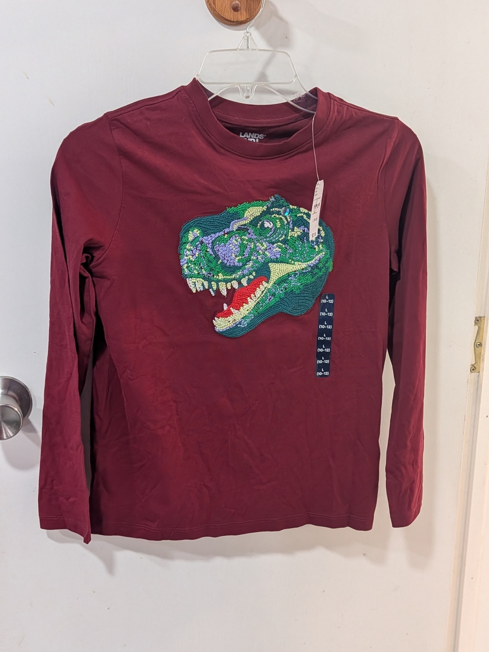 Lands' End Burgundy Long-Sleeve Tee with Green Embroidery Dinosaur